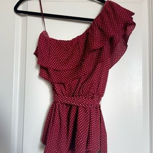 Anthropologie white polka dot/burgundy blouse.